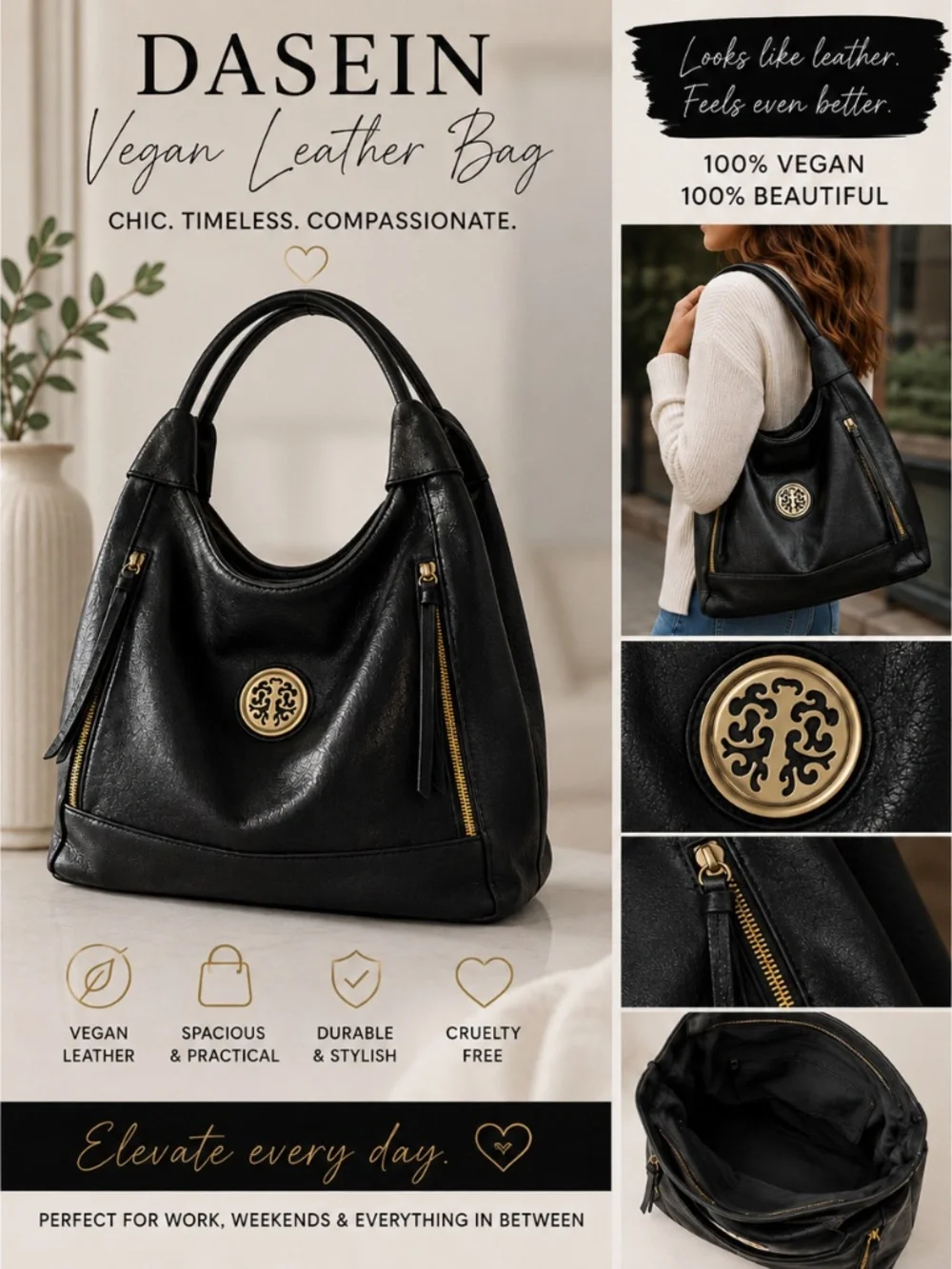 Dasein Black Vegan Leather Hobo Shoulder Bag Gold Hardware Excellent Condition